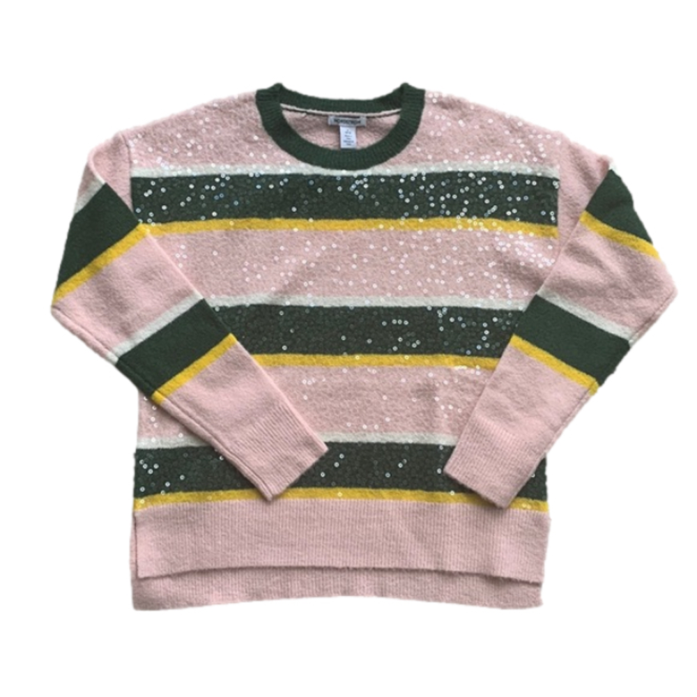 NWT New Nordstrom Green Sparkle Pinecone Stripe Sequin Sweater Girls L 10/12